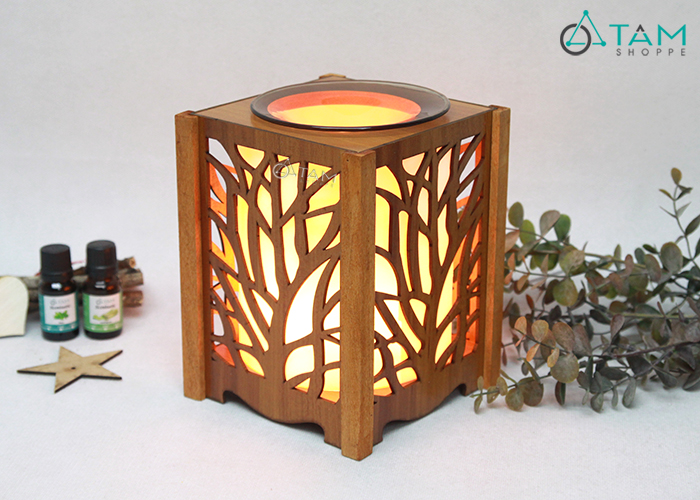 Đèn xông tinh dầu gỗ họa tiết rừng cây [Tặng bóng đèn] DXTDD-M0288